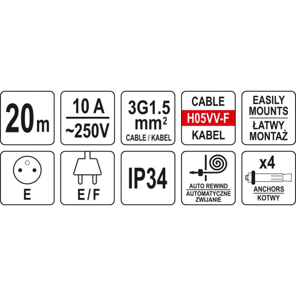 Удлинитель электрический 3х1.5мм²  на автоматическом барабане YATO 10м YT-81220