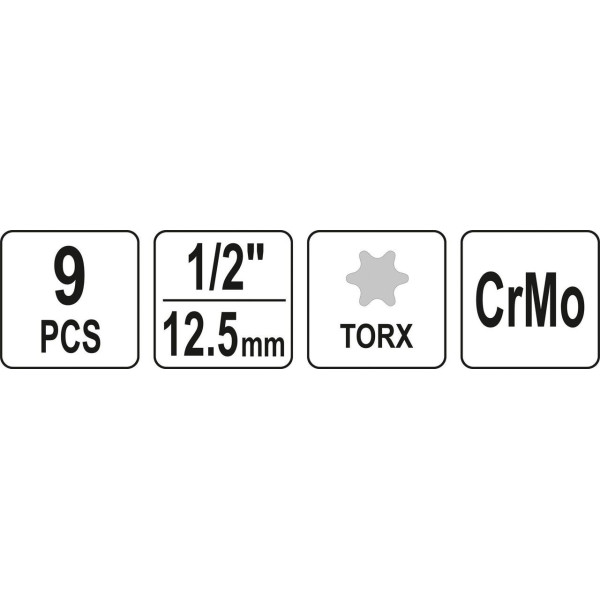 Набір насадок викруткових ударних TORX 1/2" T20-T70 YATO 9 шт., YT-10654