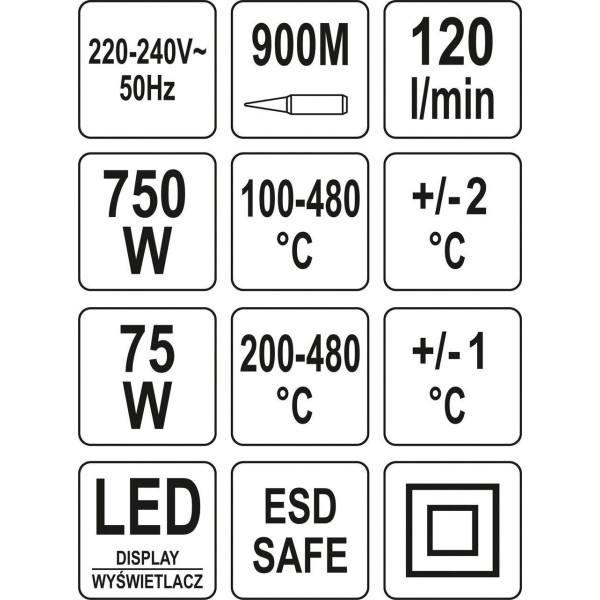 Паяльна станція + фен мережеві YATO 75Вт 200-480 °C жало 900М фен 100-480 °C 750В YT-82458