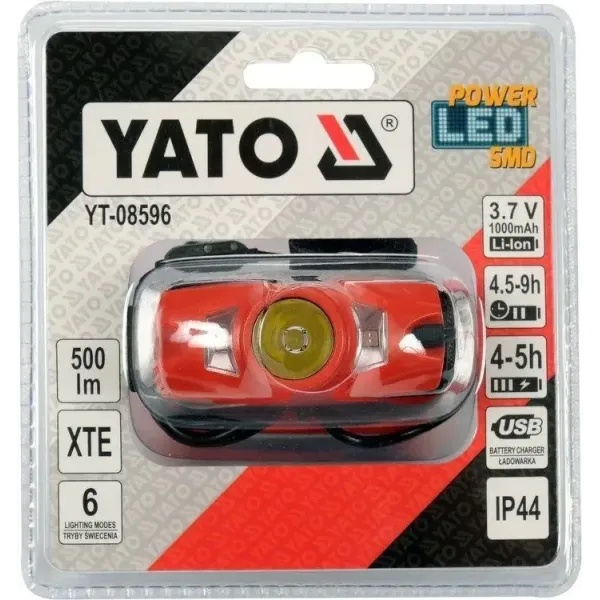 Фонарик налобный аккумуляторный YATO Li-ion 3,7В 1000мАч 500лм 70м USB YT-08596