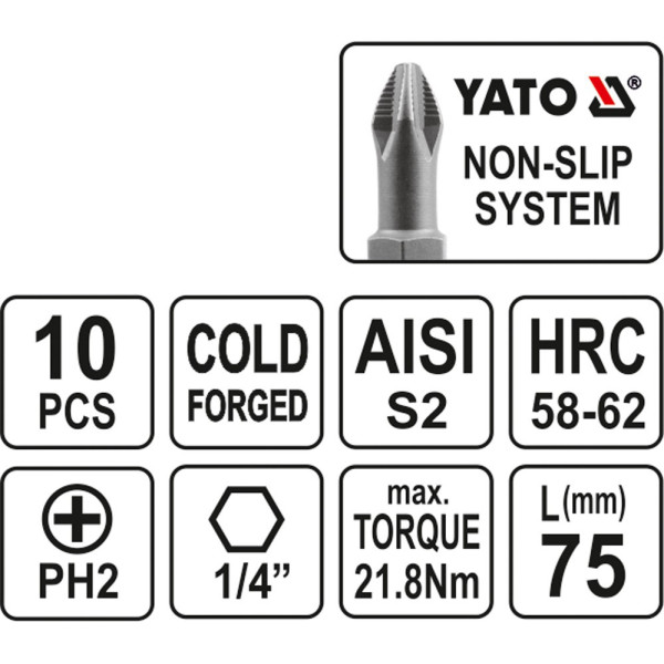 Набір біт хрестових PH2 1/4" 75 мм YATO 10 шт. YT-0480
