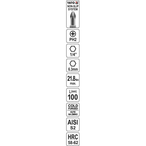 Викруткова насадка Phillips 1/4" PH2 х 100 мм YATO YT-0485