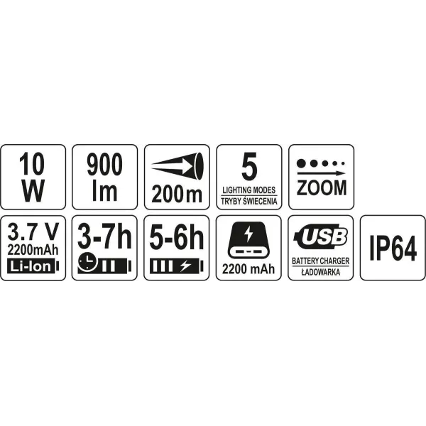 Ліхтар світлодіодний акумуляторний YATO 900 лм USB Powerbank YT-08559