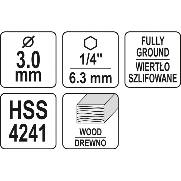 Свердло по дереву 3 - 16 мм спіральне YATO HEX 1/4" в асортименті YT-33860