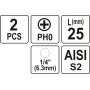 Насадка отверточная "Phillips" PH0х25мм HEX 1/4" YATO 2шт. YT-77870