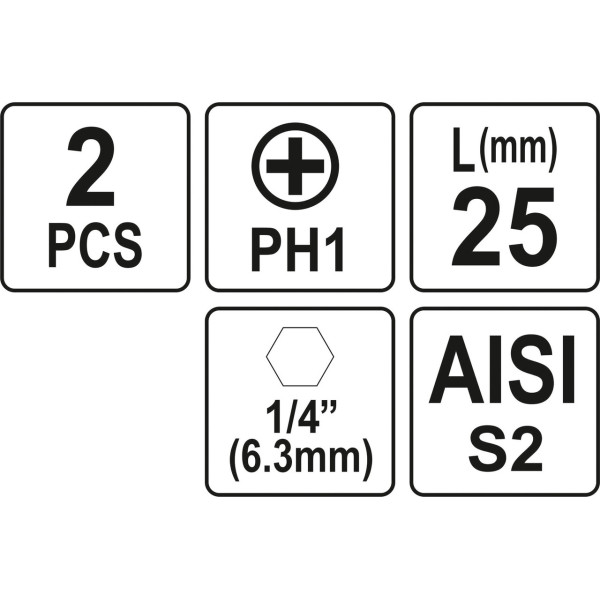 Насадка отверточная "Phillips" PH1 HEX 1/4" 2шт YATO 25мм / 50мм YT-77871