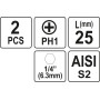 Насадка отверточная "Phillips" PH1 HEX 1/4" 2шт YATO 25мм / 50мм YT-77871