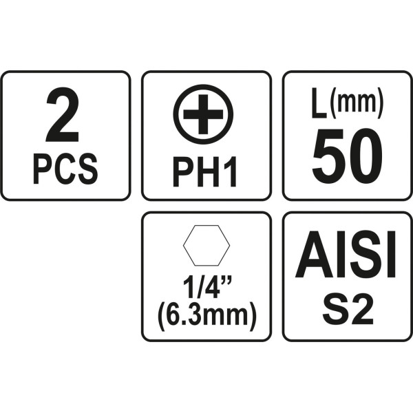 Насадка отверточная "Phillips" PH1 HEX 1/4" 2шт YATO 25мм / 50мм YT-77871