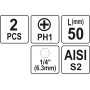 Насадка отверточная "Phillips" PH1 HEX 1/4" 2шт YATO 25мм / 50мм YT-77871