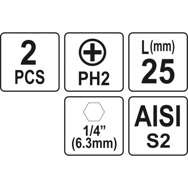 Насадка отверточная "Phillips" PH2 HEX 1/4 " 2шт YATO 25мм/50мм YT-77872