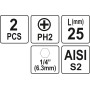 Насадка отверточная "Phillips" PH2 HEX 1/4 " 2шт YATO 25мм/50мм YT-77872
