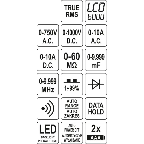Мультиметр цифровий TRUE RMS з РК-дисплеєм YATO LCD 6000 YT-73096