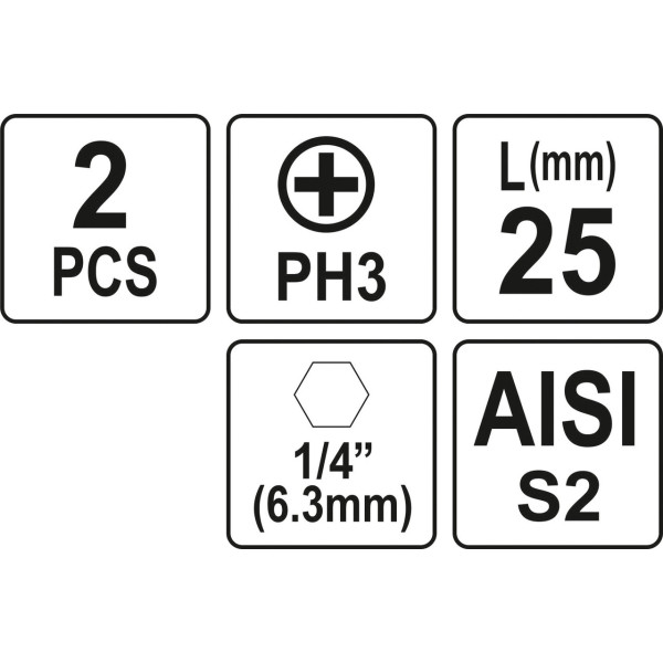 Насадка отверточная Phillips PH3 HEX 1/4" 2шт YATO 25мм / 50мм YT-77873