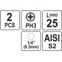 Насадка отверточная Phillips PH3 HEX 1/4" 2шт YATO 25мм / 50мм YT-77873