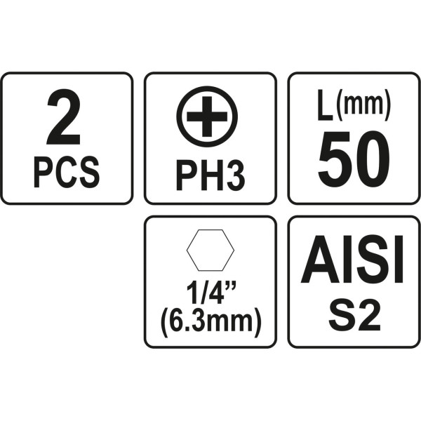 Насадка отверточная Phillips PH3 HEX 1/4" 2шт YATO 25мм / 50мм YT-77873