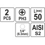 Насадка отверточная Phillips PH3 HEX 1/4" 2шт YATO 25мм / 50мм YT-77873