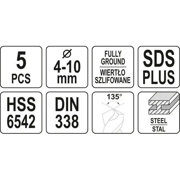 Набір свердел для металу 4-10 мм SDS+ YATO 5 шт. YT-40050