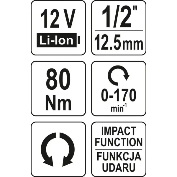Тріскачка ударна акумуляторна YATO Li-Ion 12В 1/2" 80 Нм (без акумулятора) YT-829021