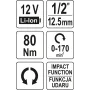 Тріскачка ударна акумуляторна YATO Li-Ion 12В 1/2" 80 Нм (без акумулятора) YT-829021