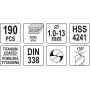 Набір свердел 1-13 мм HSS-TiN для металу YATO 190 шт. YT-44677