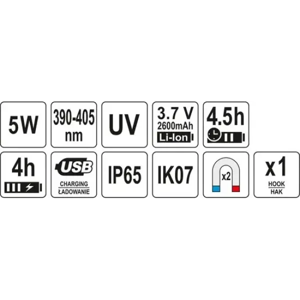 Ліхтар переносний діодний YATO Li-Ion 3.7В 2600 мА·год 5 Вт 390-405нм YT-08500