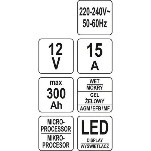 Зарядное устройство с LCD дисплеем YATO для аккумуляторов 12В 2A, 6A, 10A, 15A YT-83037