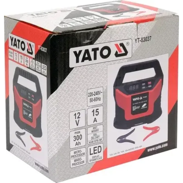 Зарядное устройство с LCD дисплеем YATO для аккумуляторов 12В 2A, 6A, 10A, 15A YT-83037