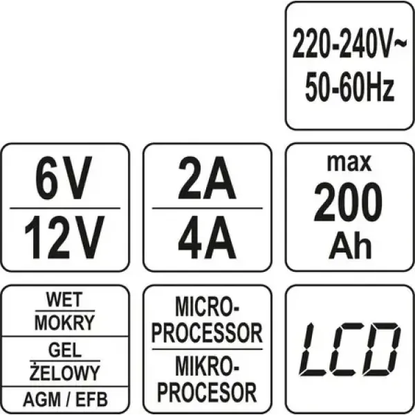Зарядное устройство с LCD дисплеем YATO для аккумуляторов 6В-2А 12В-4А 240Aчас YT-83000