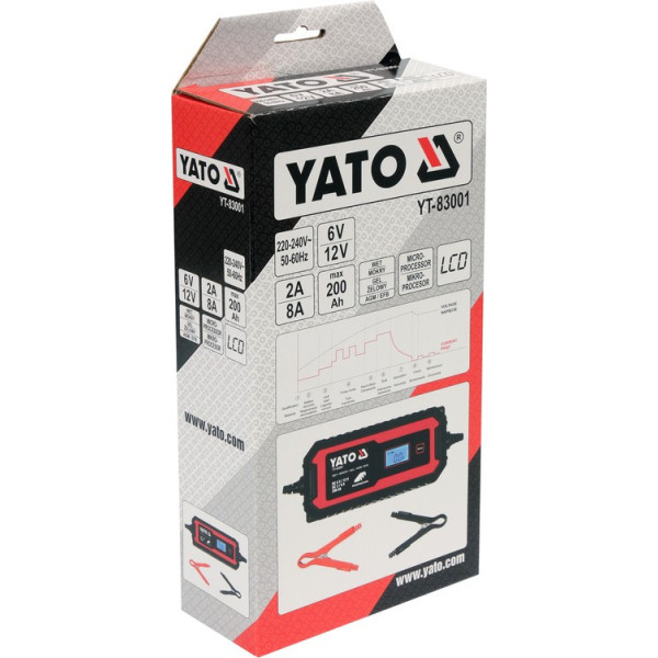 Зарядное устройство с LCD дисплеем YATO для аккумуляторов 6В-2А 12В-8А макс. 240Aчас YT-83001