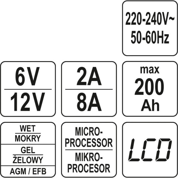 Зарядное устройство с LCD дисплеем YATO для аккумуляторов 6В-2А 12В-8А макс. 240Aчас YT-83001