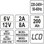 Зарядное устройство с LCD дисплеем YATO для аккумуляторов 6В-2А 12В-8А макс. 240Aчас YT-83001