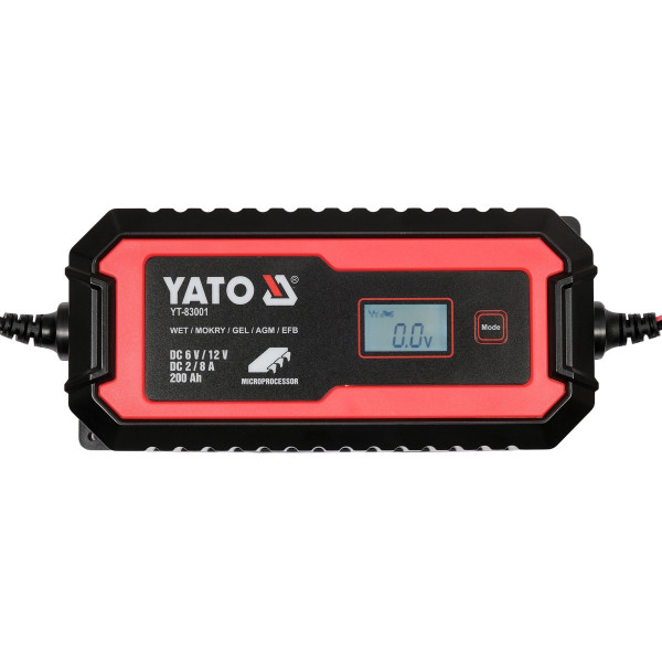 Зарядное устройство с LCD дисплеем YATO для аккумуляторов 6В-2А 12В-8А макс. 240Aчас YT-83001