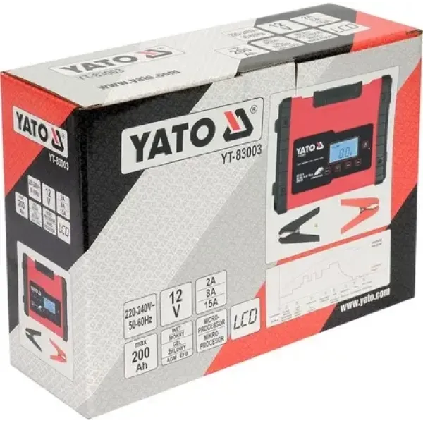 Зарядное устройство с LCD дисплеем YATO для аккумуляторов 12В-2/8/15А макс. 240Aчас YT-83003