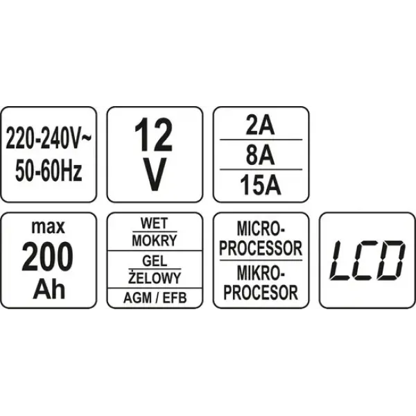 Зарядное устройство с LCD дисплеем YATO для аккумуляторов 12В-2/8/15А макс. 240Aчас YT-83003