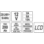 Зарядное устройство с LCD дисплеем YATO для аккумуляторов 12В-2/8/15А макс. 240Aчас YT-83003