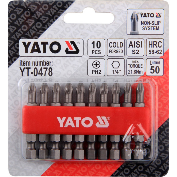 Насадка отверточная Phillips PH2х50мм 1/4" YATO 10 шт YT-0478