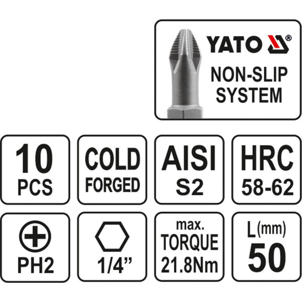 Насадка отверточная Phillips PH2х50мм 1/4" YATO 10 шт YT-0478