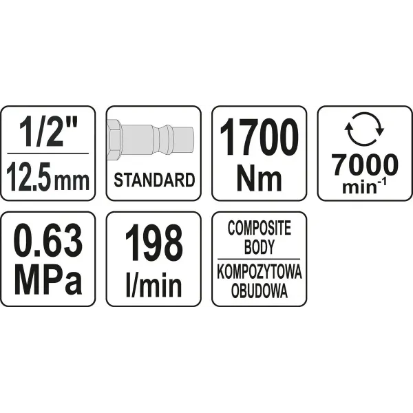 Гайковерт ударный пневматический YATO 1/2" 1700Нм  0.63MPa 198 л/мин YT-09544
