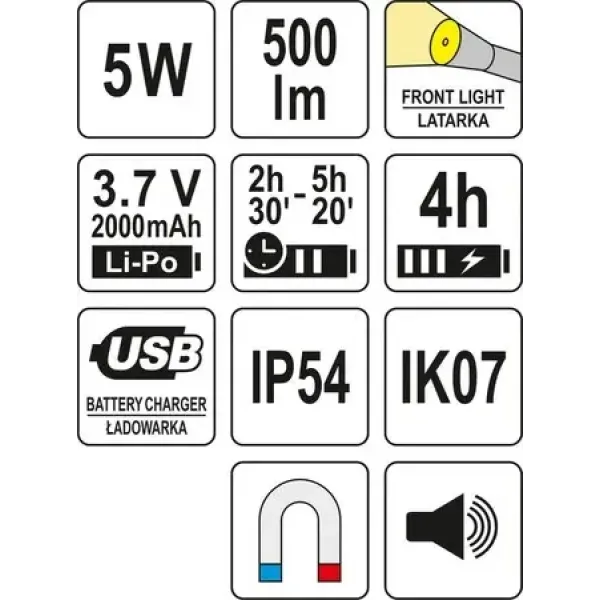 Ліхтар світлодіодний YATO Li-Po 3.7В 2000Агод 500лм 3 режима USB функція POWERBANK YT-08557