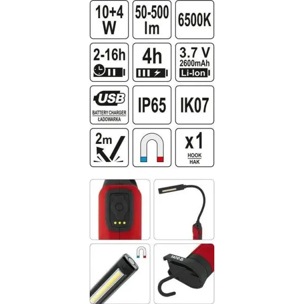 Лампа світлодіодна YATO Li-Ion 3.7В, 2 режими, USB YT-08527