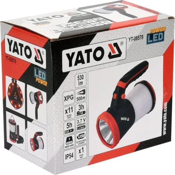 Ліхтар LED-діодний з ручкою YATO Li-Ion 3.7В 4400мАч  530Лм зарядка USB, функція powerbank YT-08579
