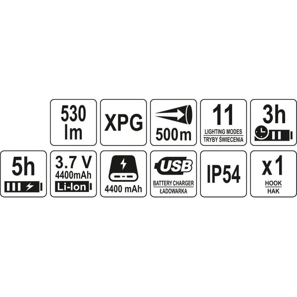Ліхтар LED-діодний з ручкою YATO Li-Ion 3.7В 4400мАч  530Лм зарядка USB, функція powerbank YT-08579