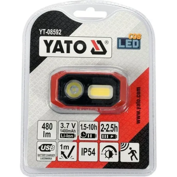 Ліхтар налобний COB-діодний YATO 3,7 В 1400 мА·год 480 Лм USB з датчиком руху YT-08592