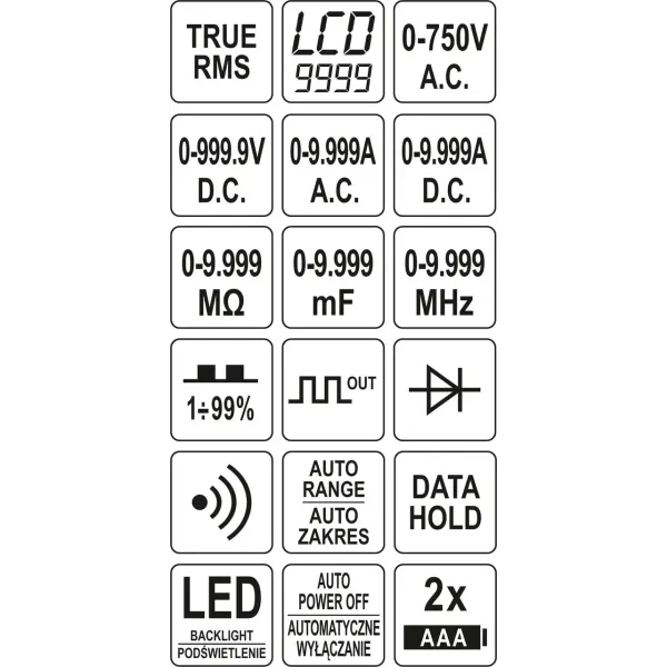 Мультиметр TRUE RMS електричних параметрів YATO з LCD-цифровим діапазоном 9999 YT-73089