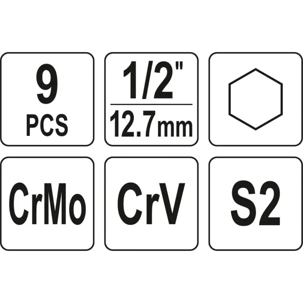 Набір ударних головок HEX M6-19 мм 6-г. 1/2 YT-10662