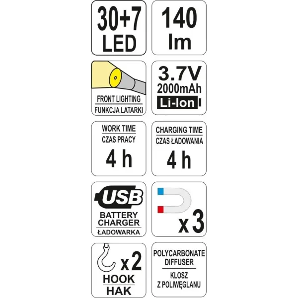 Ліхтар переносний діодний 2-режимний 30/7 LED акумуляторний YATO YT-08507