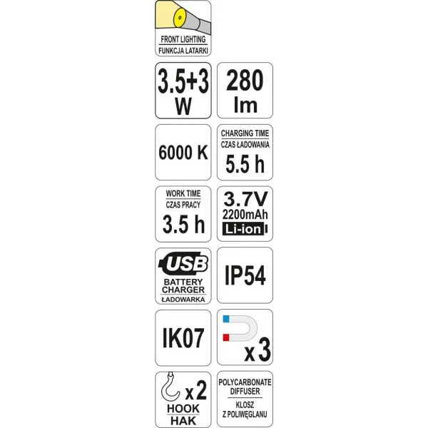 Светодиодный фонарь аккумуляторный YATO Li-Ion 3.7В  3,5/3Вт  280/80лм YT-08508