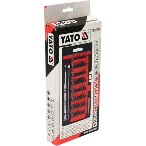 Набор прецизионных отверточных насадок с держателем YATO разные шлицы с HEX шпинделем 4мм 61 предм. YT-25760