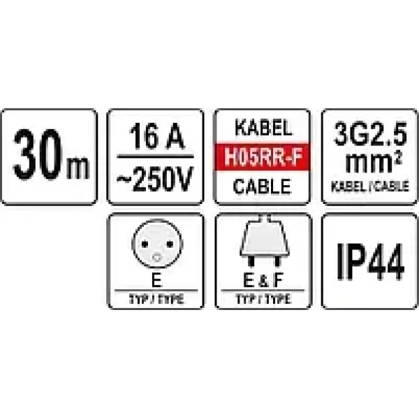 Удлинитель силовой 3х2.5мм² 16A IP44 YATO 30м YT-8101