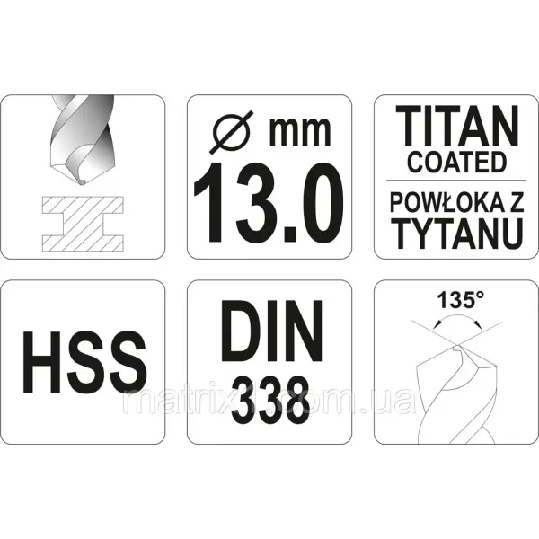 Свердло для металу з титановим покриттям YATO 13х151/101мм YT-44668